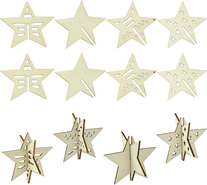 20 pcs 4 Styles Lovely Star Theme Unfinished Wood Cutout Charms 4th of July