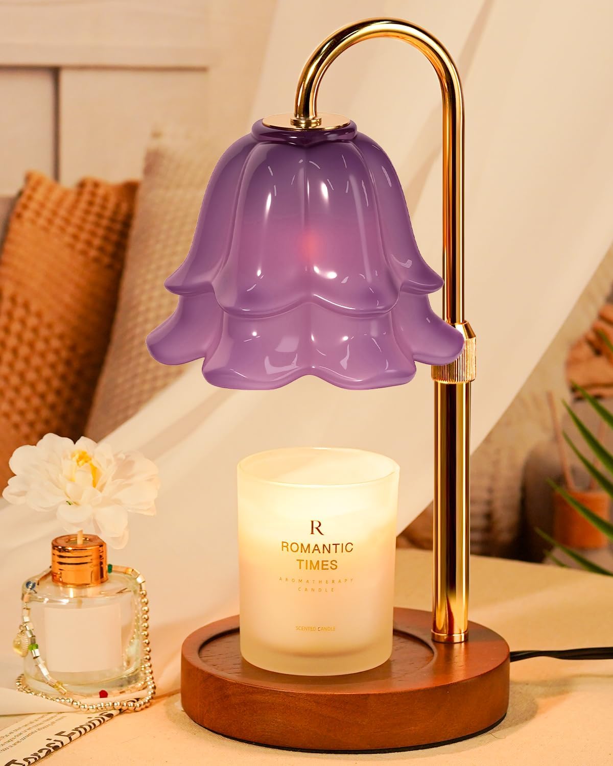 Purple Candle Warmer Lamp with Timer & Dimmer, Adjustable Height Birthday Gifts for Women Mom, Flower Candle Lamp Warmer, Wax Warmer with 2 Bulbs, House Warming New House Decorations
