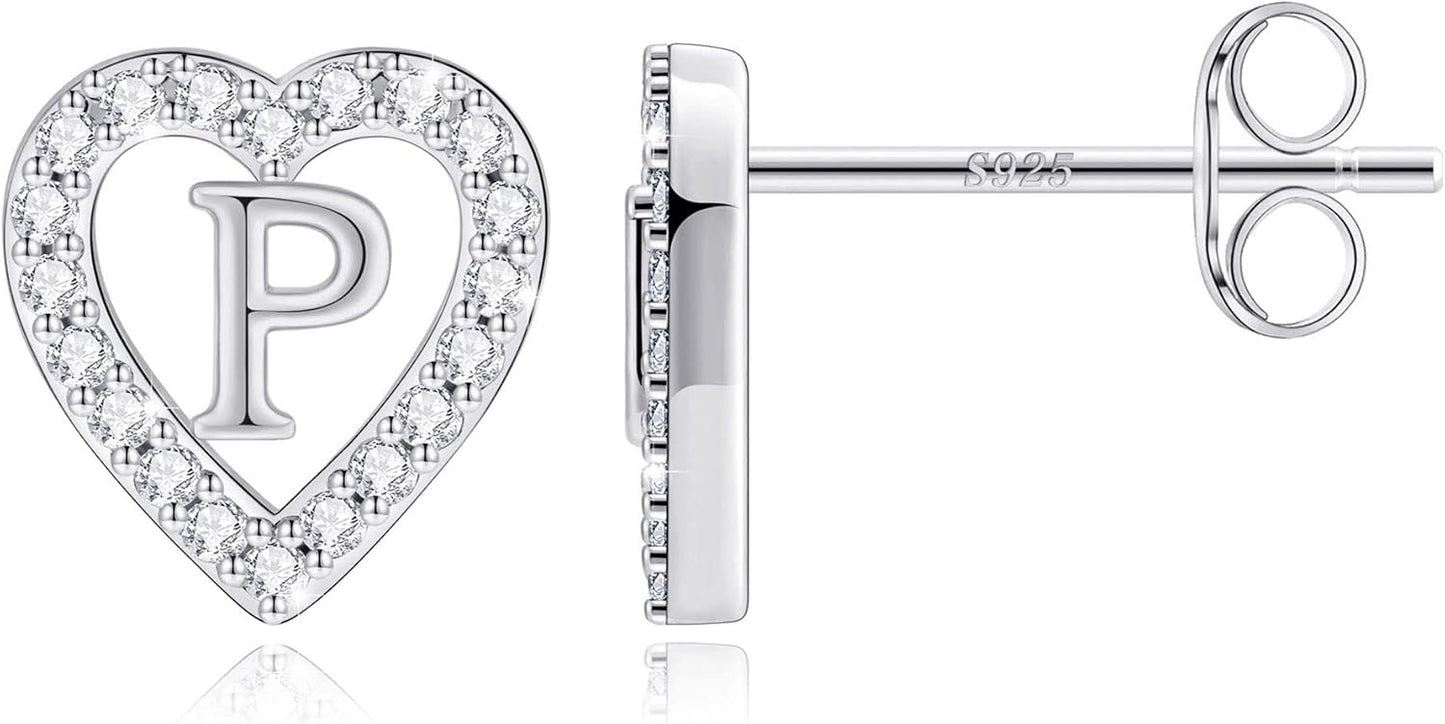 Anoup Christmas Gifts for Grandkids Girls Earrings - S925 Sterling Silver Post CZ Hypoallergenic Stud Heart Initial Earrings for Women Kids Jewelry Stocking Stuffers for Teen Girls Birthday Gifts