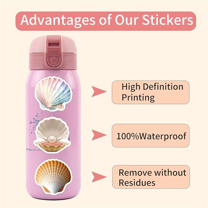 60PCS Sea Shell Stickers Aesthetic PET Transparent Conch Sticker Clamshell