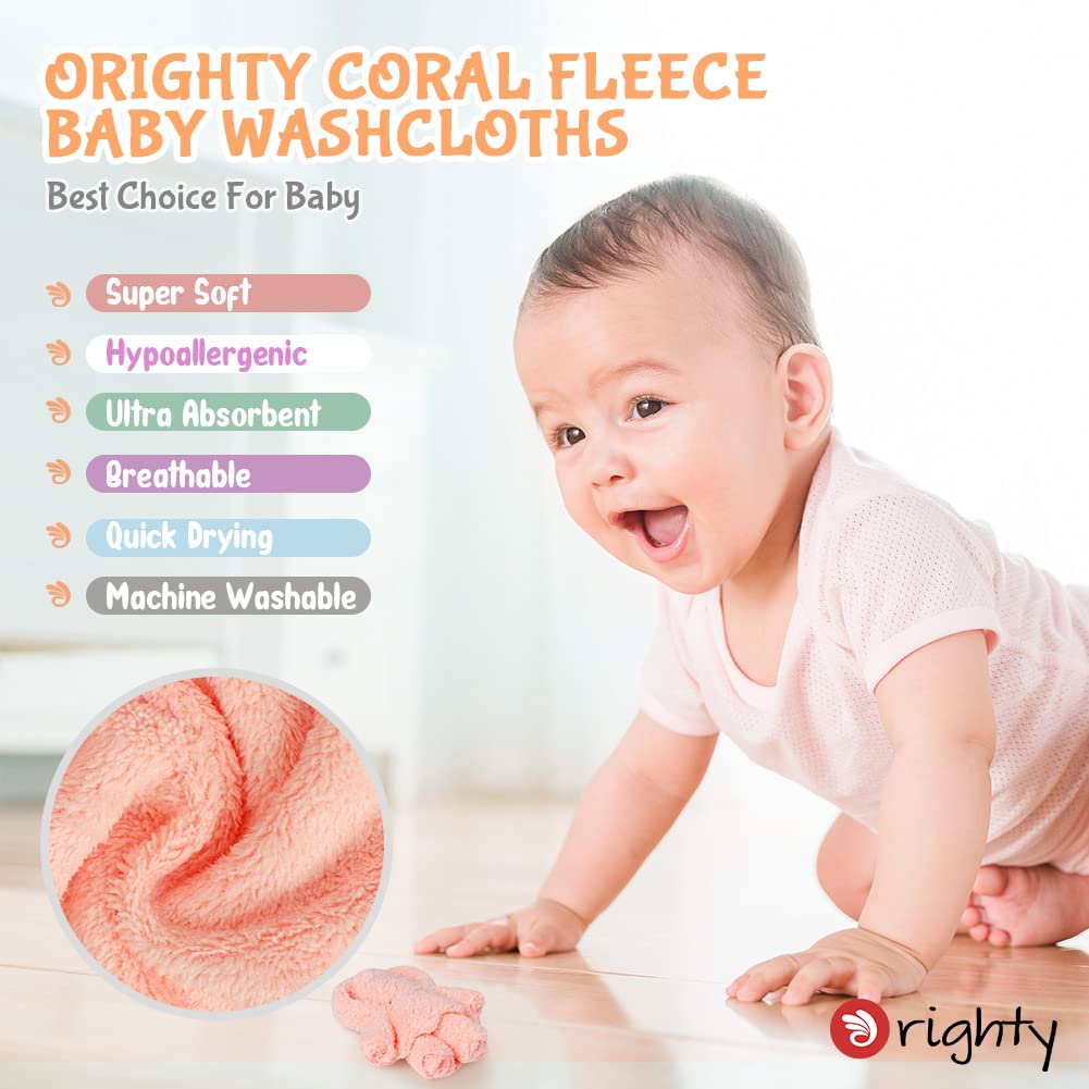 Orighty Baby Washcloths 12 Pack, Microfiber Coral Fleece Baby Face Towels, Soft and Absorbent Wash Cloths for Newborns, Infants and Toddlers, Gentle on Delicate Skin for Face Hands and Body, 7x9 Inch