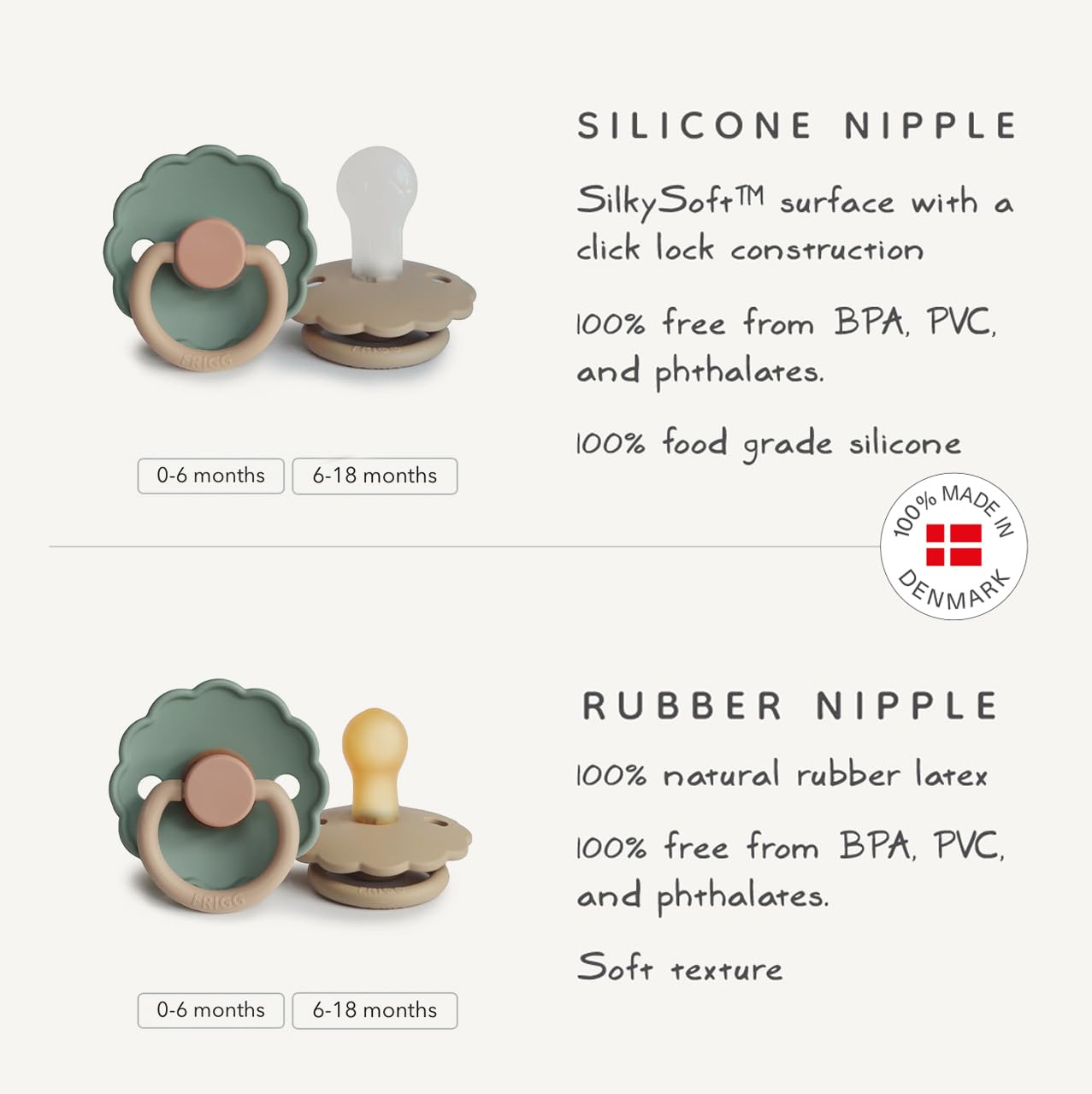 FRIGG Daisy Natural Rubber Baby Pacifier | Made in Denmark | BPA-Free (Croissant/Portobello, 0-6 Months) 2-Pack