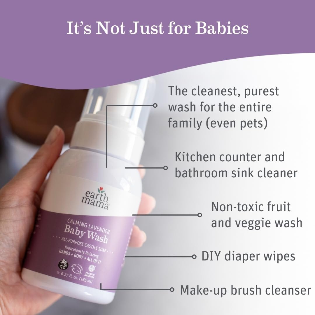 Earth Mama Calming Lavender Baby Wash Liquid Hand Soap Refill, Organic Body Wash for Sensitive Skin, All Purpose Castile Soap Liquid with Coconut Oil, Shea Butter, Calendula & Aloe, 34 fl oz