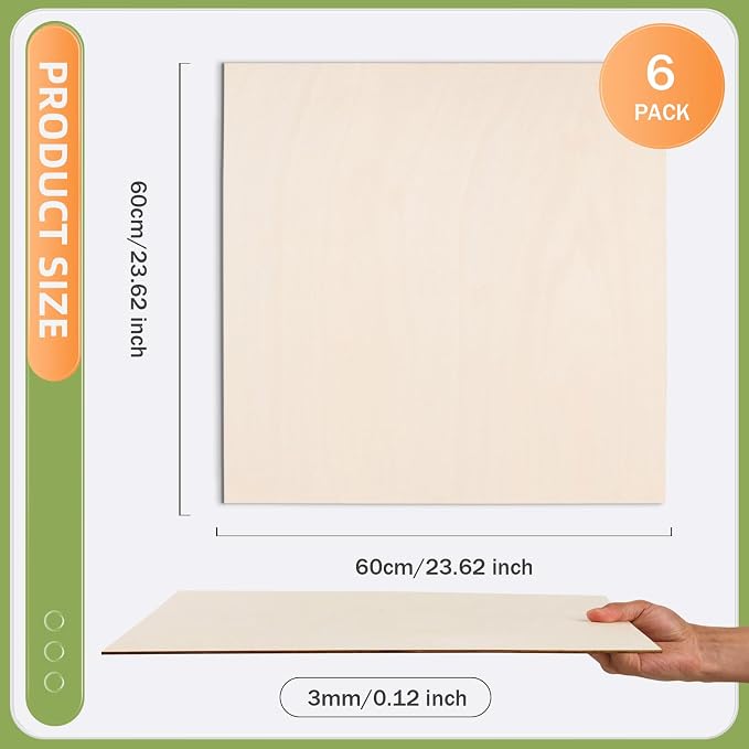 AWIZOM 6 Pack Basswood Sheets for Crafts-24 x 24 x 1/8 Inch- 3mm Thick Plywood