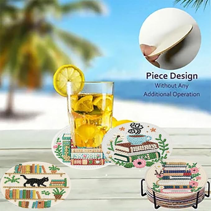 8 Pack Bookshelf Diamond Art Coasters, Diamond Painting Coasters Kits | Books