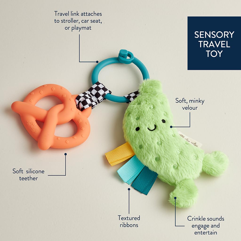 Itzy Ritzy Infant Toy & Teether - Itzy Pal Baby Teething Toy Includes Lovey, Crinkle Sound, Textured Ribbons & Silicone Teether for Newborn (Pickle)
