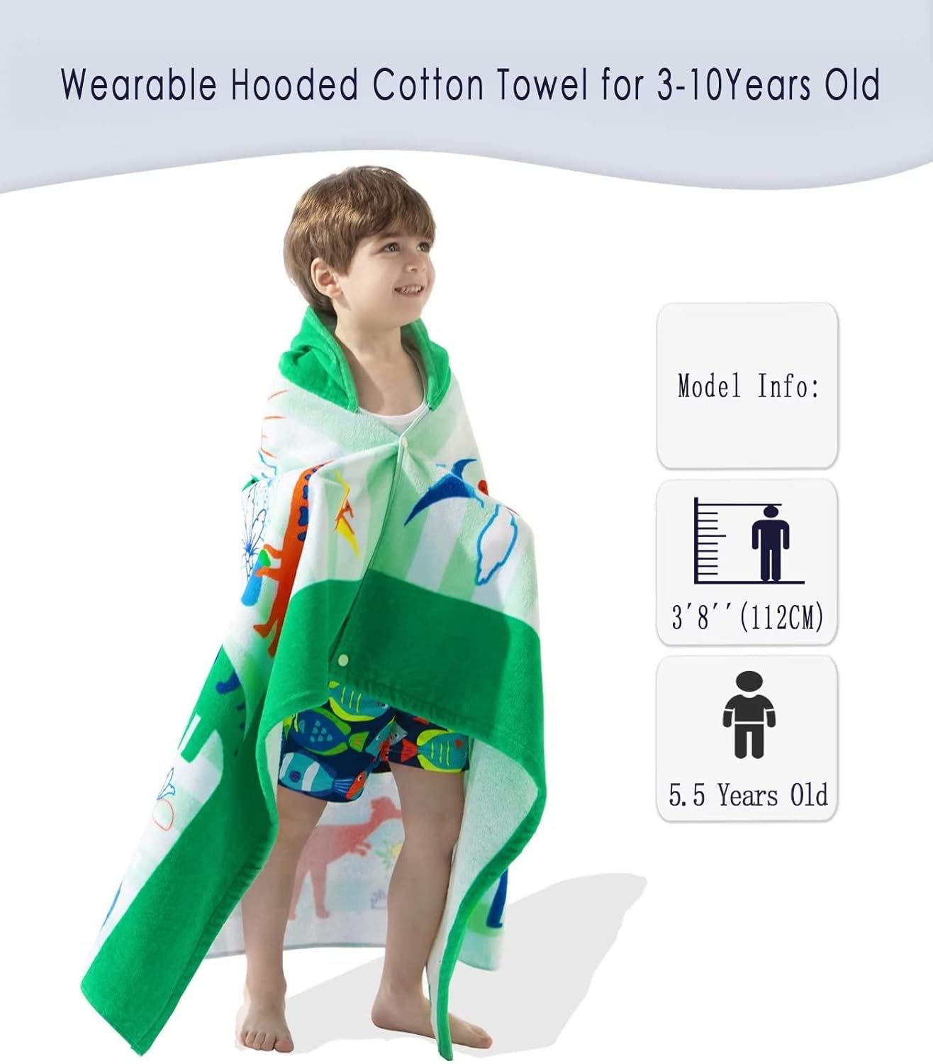 VOOVA & MOVAS Kids Hooded Bath Towel, Age 3-10, 30''X50'',100% Cotton | Thick | Absorbent, Beach | Pool | Bath | Bathroom | Swim Towel | Wearable Wrap for Boys, Dinosaur | Dino