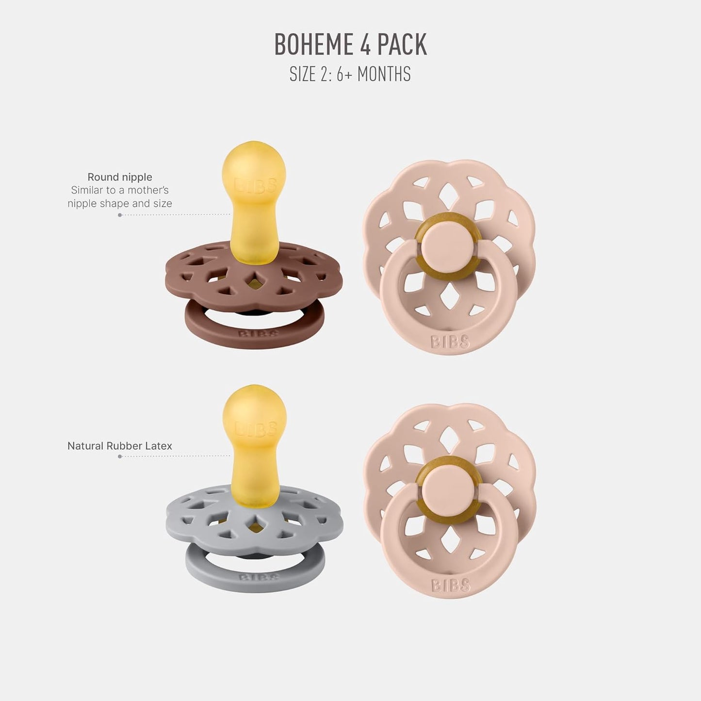 BIBS Boheme Soother 4-Pack | BPA Free Dummy Pacifier | Round Nipple | Natural Rubber Latex | Made in Denmark | Size 6-18 Months | Woodchuck Mix