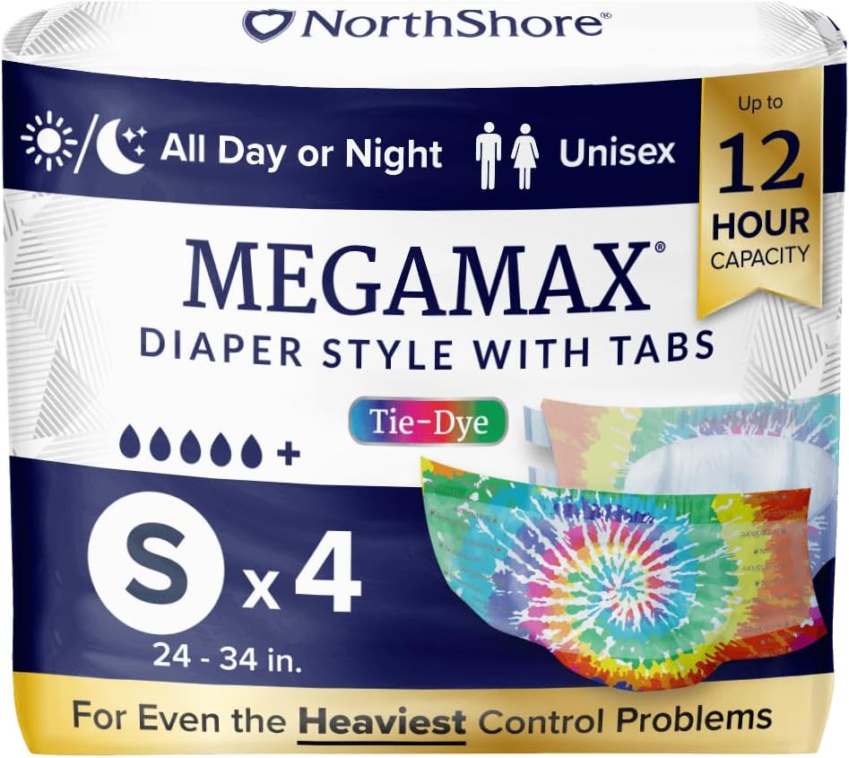 NorthShore MegaMax Adult Overnight Diapers, 12-Hour Tab-Style, Small, 4 Count Starter Pack, Tie-Dye, 24-34 inches, Unisex Incontinence Underwear