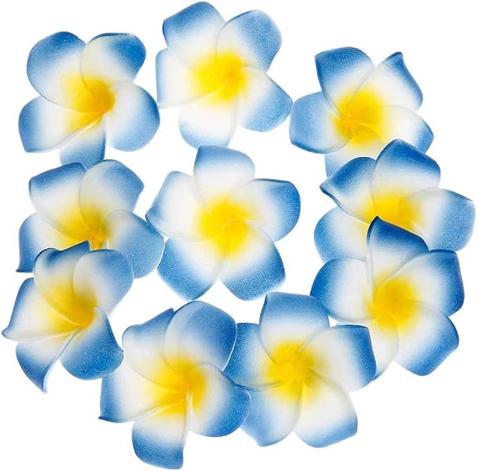 Pursuestar 100Pcs Blue Foam Hawaiian Frangipani Artificial Plumeria Flower
