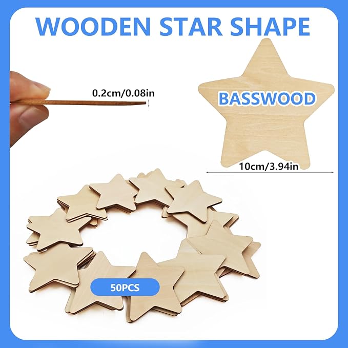 50PCS Wooden Star, Made of Basswood, 4 Inch Unprocessed Wood Pieces, Natural
