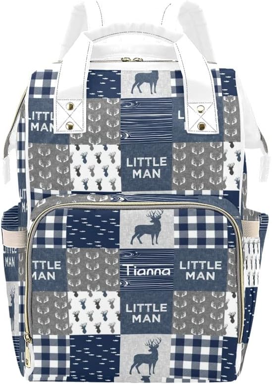 Antler Little Man Navy Woodland Plaid Diaper Bags with Name Waterproof Mummy Backpack Nappy Nursing Baby Bags Gifts Tote Bag for Women