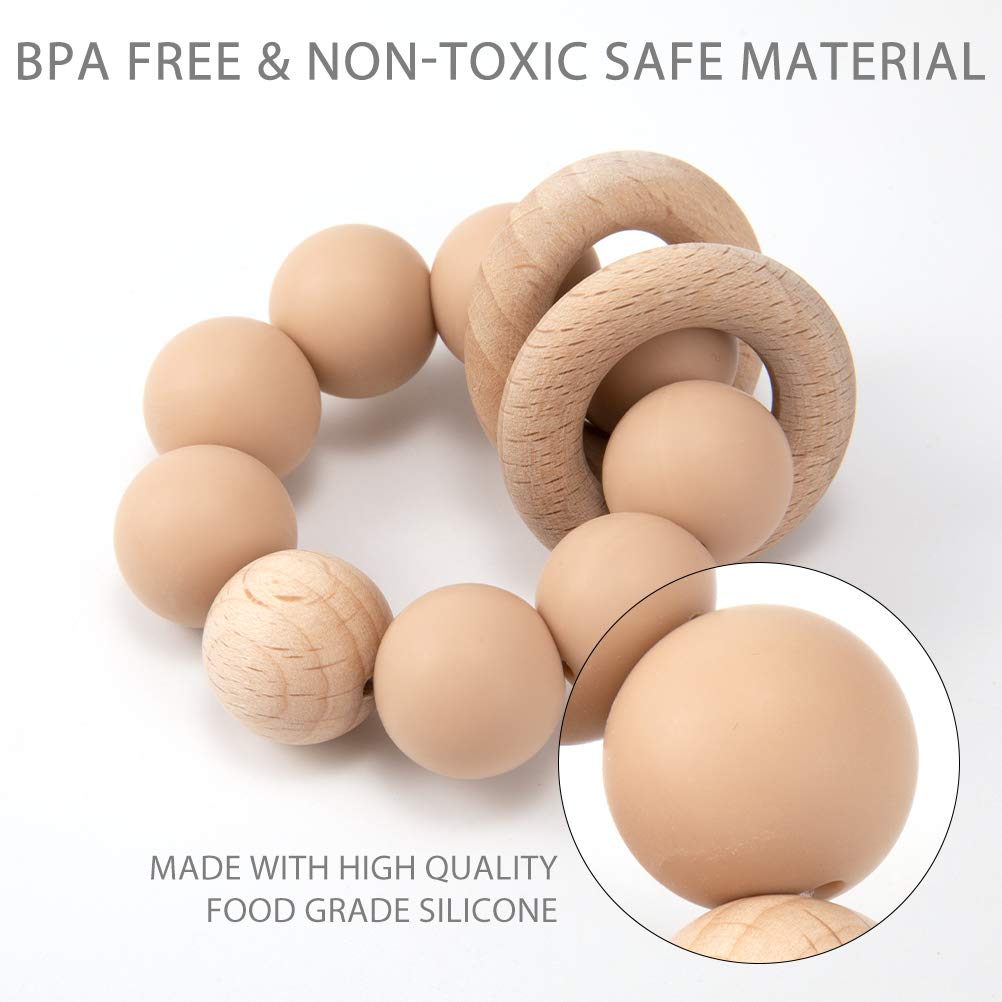 Silicone Baby Teether, Food Grade Silicone & Beech Baby Teething Toy, BPA Free (Muted)