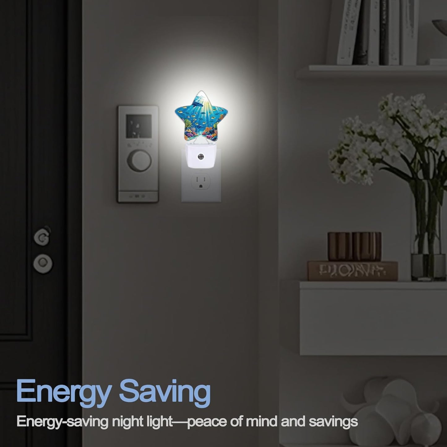 Underwater World Night Light,Sea Ocean Fish Plug-in Star Night Lights with Dusk-to-Dawn Sensor for Bedroom,Bathroom,Living Room Sleep Friendly Lamp for Women Girls Boys Gift,0.5W