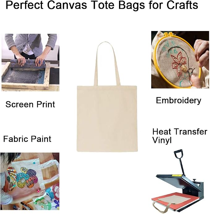 FunisFun 12 Pack Blank Canvas Tote Bags, Reusable Grocery Bag