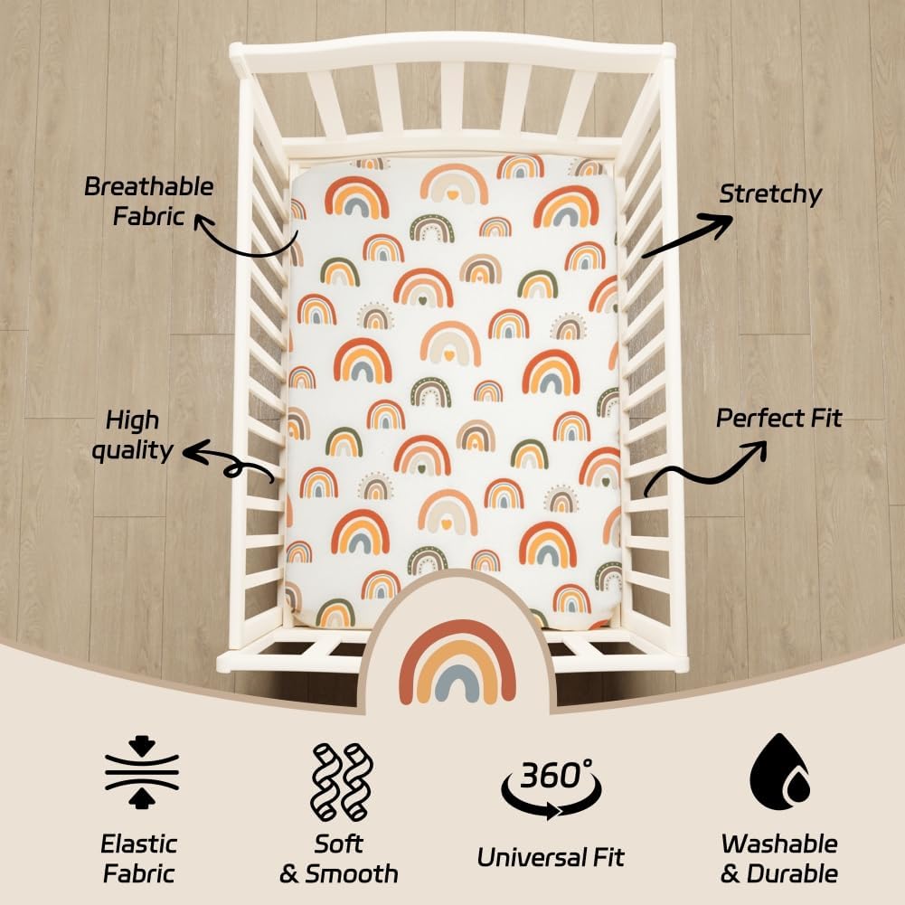 4 Pack Crib Sheets Boho Nursery Sheets Sunshine and Rainbow Desdign Neutral Unisex Fitted Baby Standard Crib Sheets for Baby Boys or Girls (Crib Sheets)