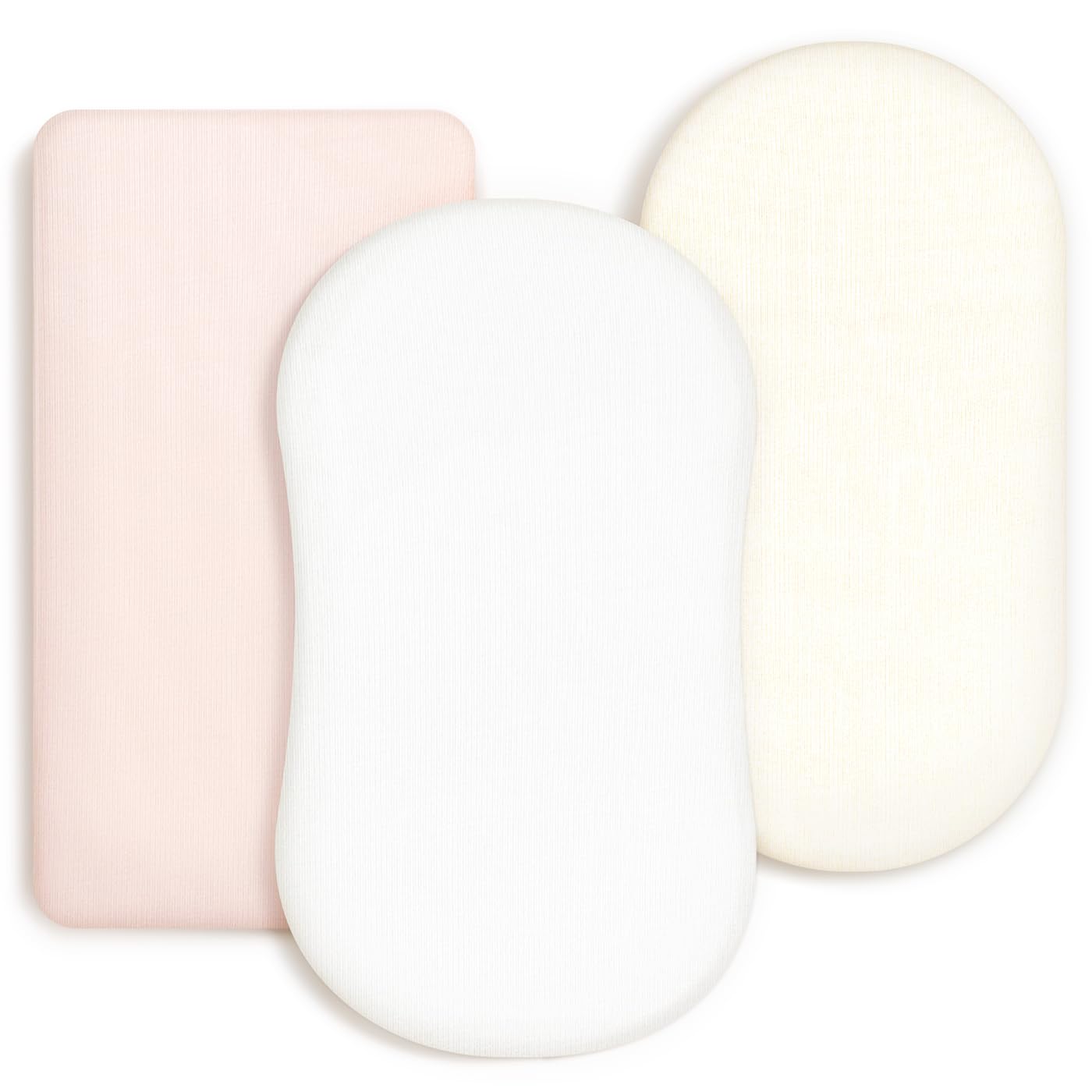 GRSSDER Stretchy Ultra Soft Fitted Bassinet Sheet 3 Pack, Universal Fit for Bassinets Baby Cradle Moses Basket Oval Rectangle Mattress Safe and Snug, Jersey Bassinet Sheets for Girls, Cream/Pink/White