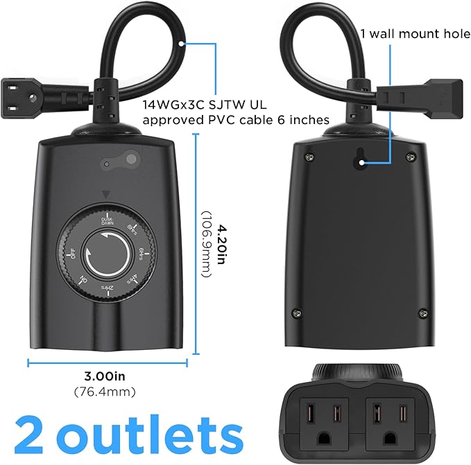 G-ELEK Outdoor Timer Outlet Waterproof, 24 Hour Outdoor Light Timer, Timers for Electrical Outlets, Ideal for Pool Pump, Christmas Lights, Heavy Duty, Grounded Outlets (Dusk to Dawn Sensor, 2 Pack)