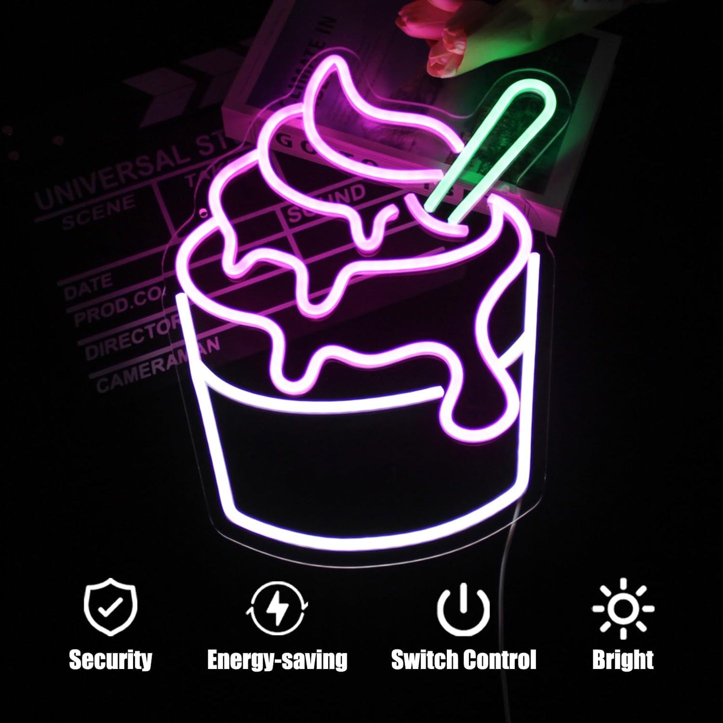 Ice Cream Neon Sign Pink White Sundae LED Neon Lights Signs Cupcake Neon Signs for Business Wall Decor Melting Ice Cream LED Signs for Bedroom Dessert Shop Restaurant Store Bar Decoration