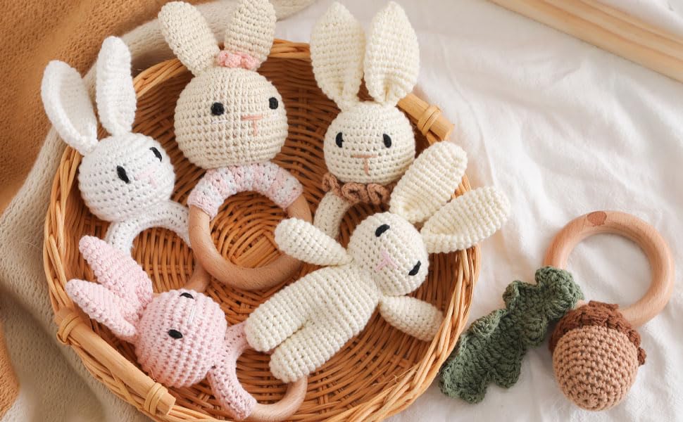 Wooden Baby Rattle，Crochet Bunny Rattle with Wood Ring, Newborn Wooden Animal Rattle Toy，Infant White Bunny Wood Rattle Toys Bunny-4