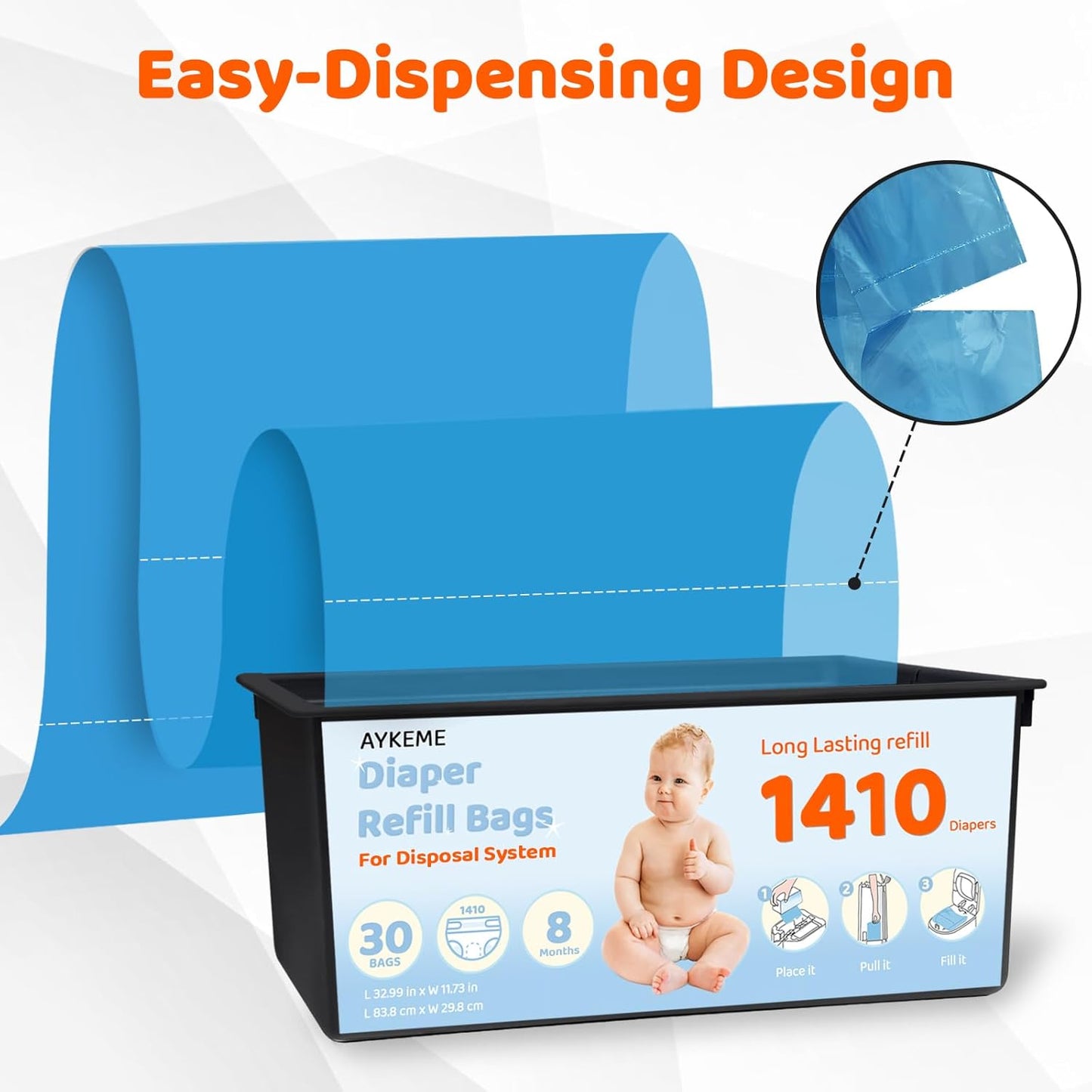 Diaper Pail Refills Bags Compatible with Genie Easy Roll Signature & Platium Diaper Pails | 7-Layer OdorLock Technology | Up to 10 Months Use,1 Pack(30 Bags)