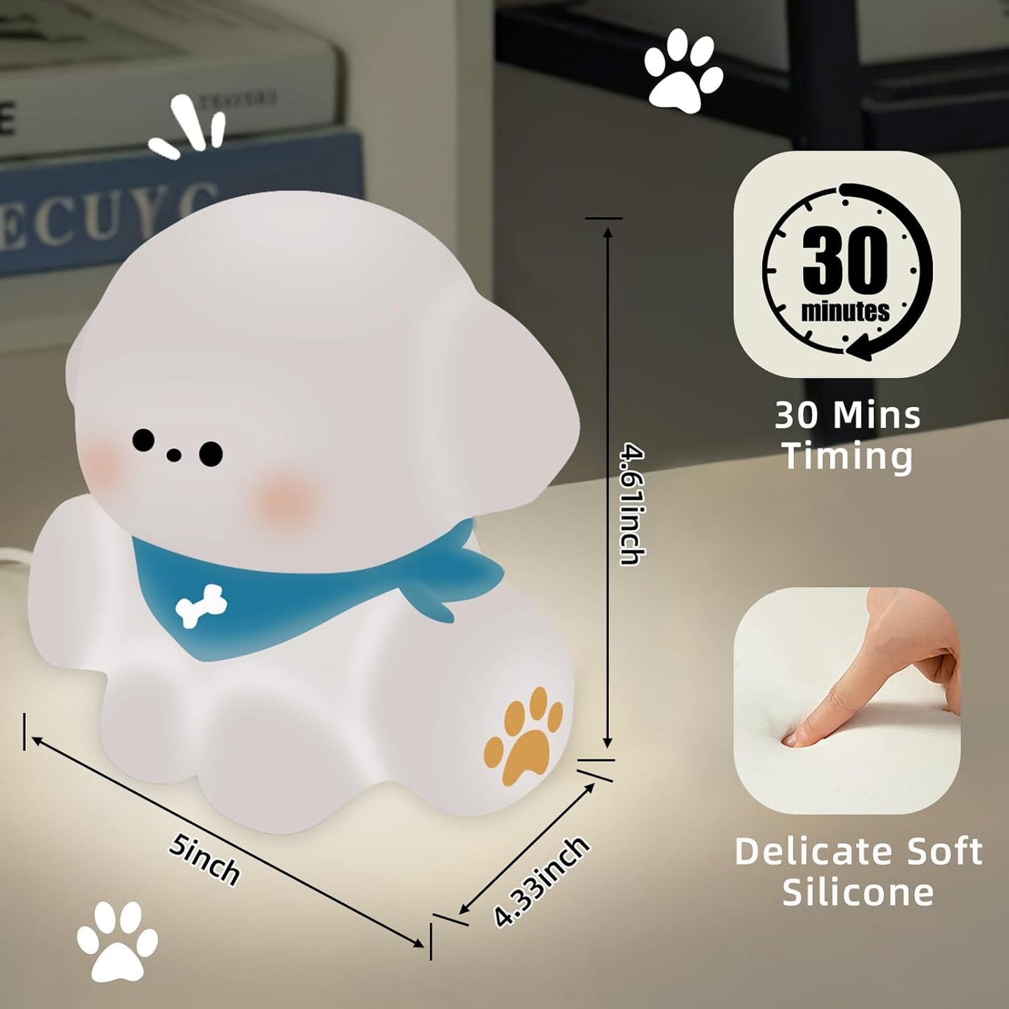 Squishy Nursery Puppy Night Light, Cute Silicone Light for Toddlers, Rechargerable Dimmable Soft Touch Bedtime Baby Night Light, Portable and Safe for Newborns