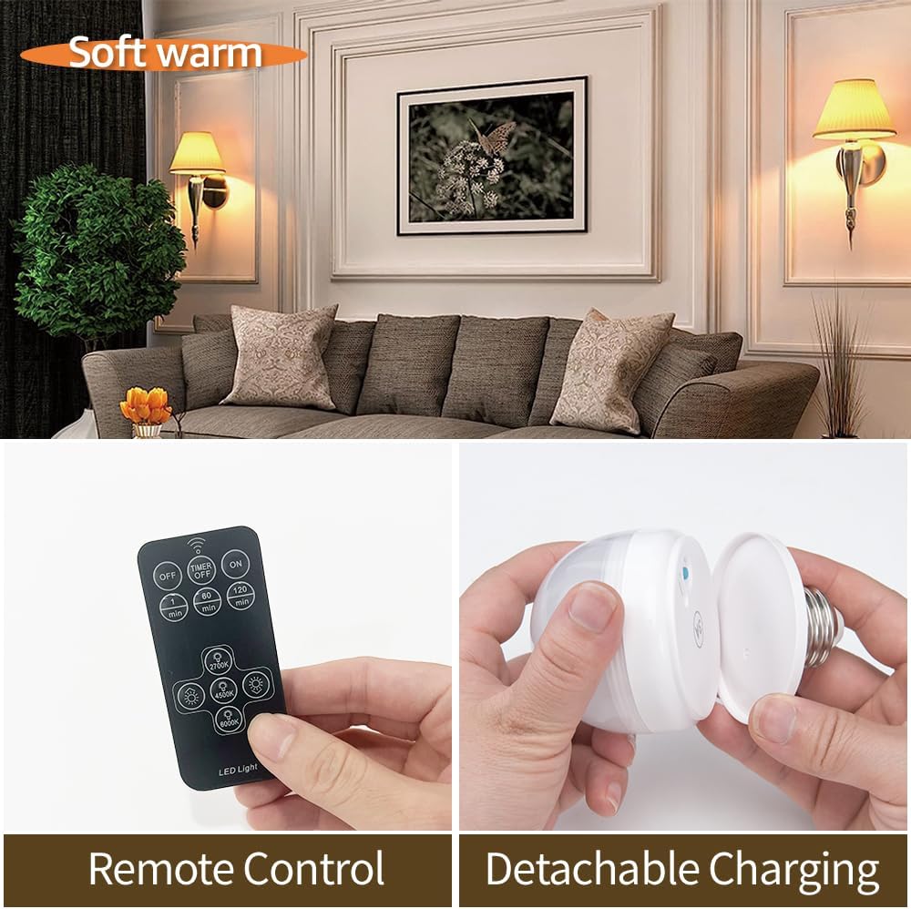 BLUEYE Rechargeable Light Bulbs,7W,Remote Control,Soft Warm 2700K-6000K,50W Equiv.,450Lumens,Flicker-free,E26 Detachable Charging(E12 available),Battery Operated Emergency Lamp for Non-Hardwired,1Pack
