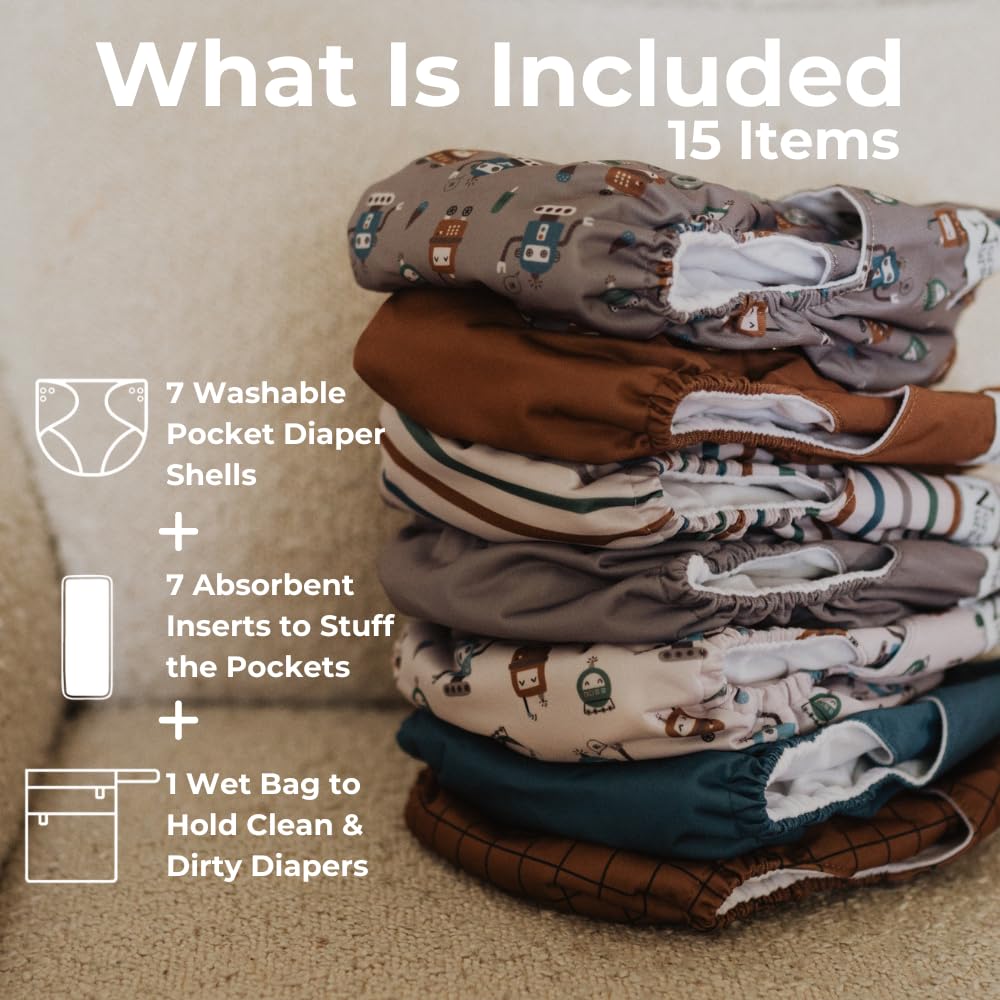 Nora's Nursery Cloth Diapers 7 Pack with 7 Inserts & 1 Wet Bag - Waterproof Cover, Washable, Reusable & One Size Adjustable Pocket Diapers for Newborns and Toddlers -Geared up