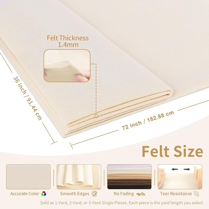 Ivory Felt Fabric Sheet 72" X 36", 1.4mm Thick Large Soft Durable Flexible