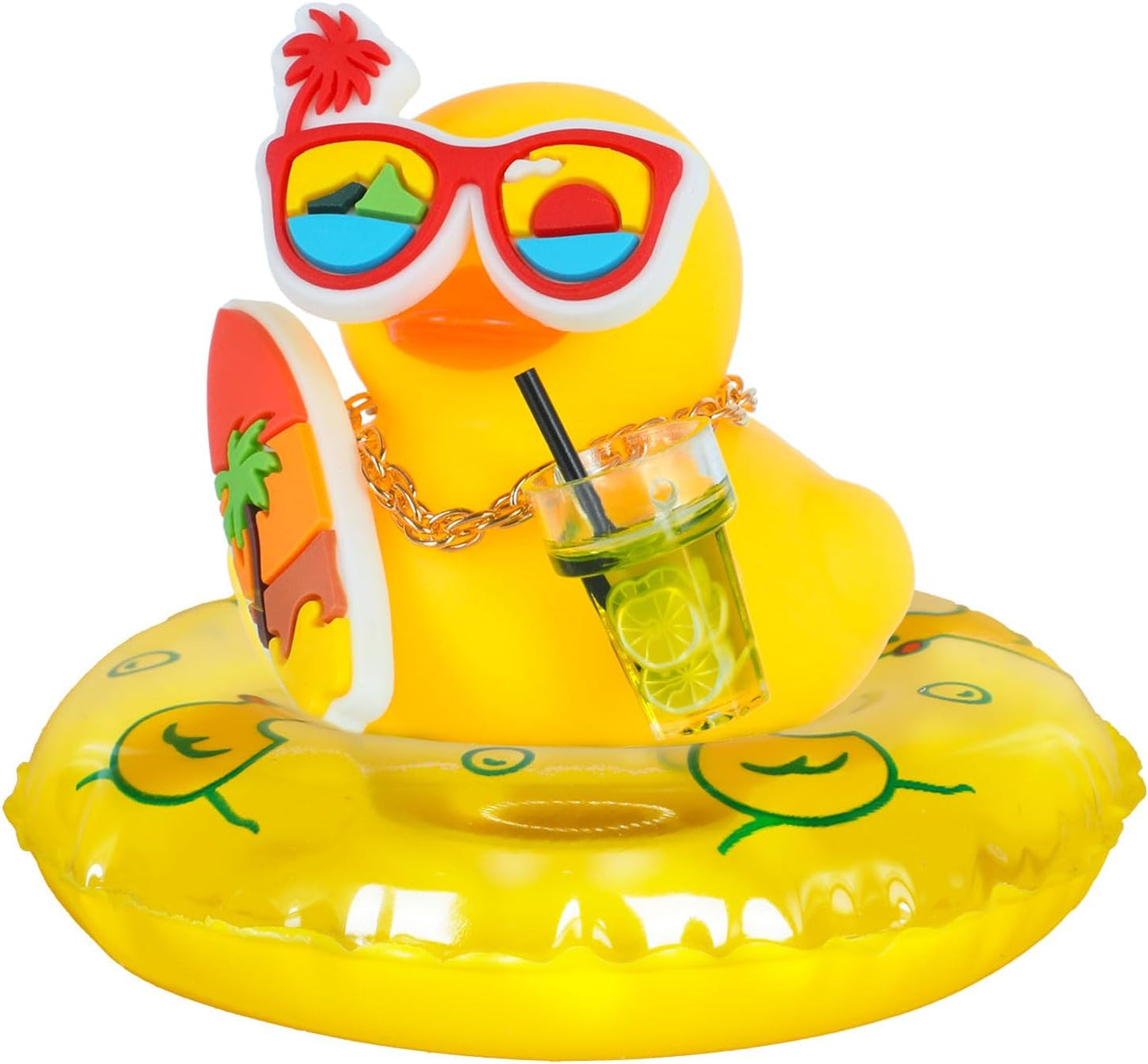 Car Rubber Duck with Yellow Swim Ring,Holiday Sunglasses,Surfboard Car Ornaments Summer Party Favors Baby Bath Toy Duck with Mini Lemon Tea