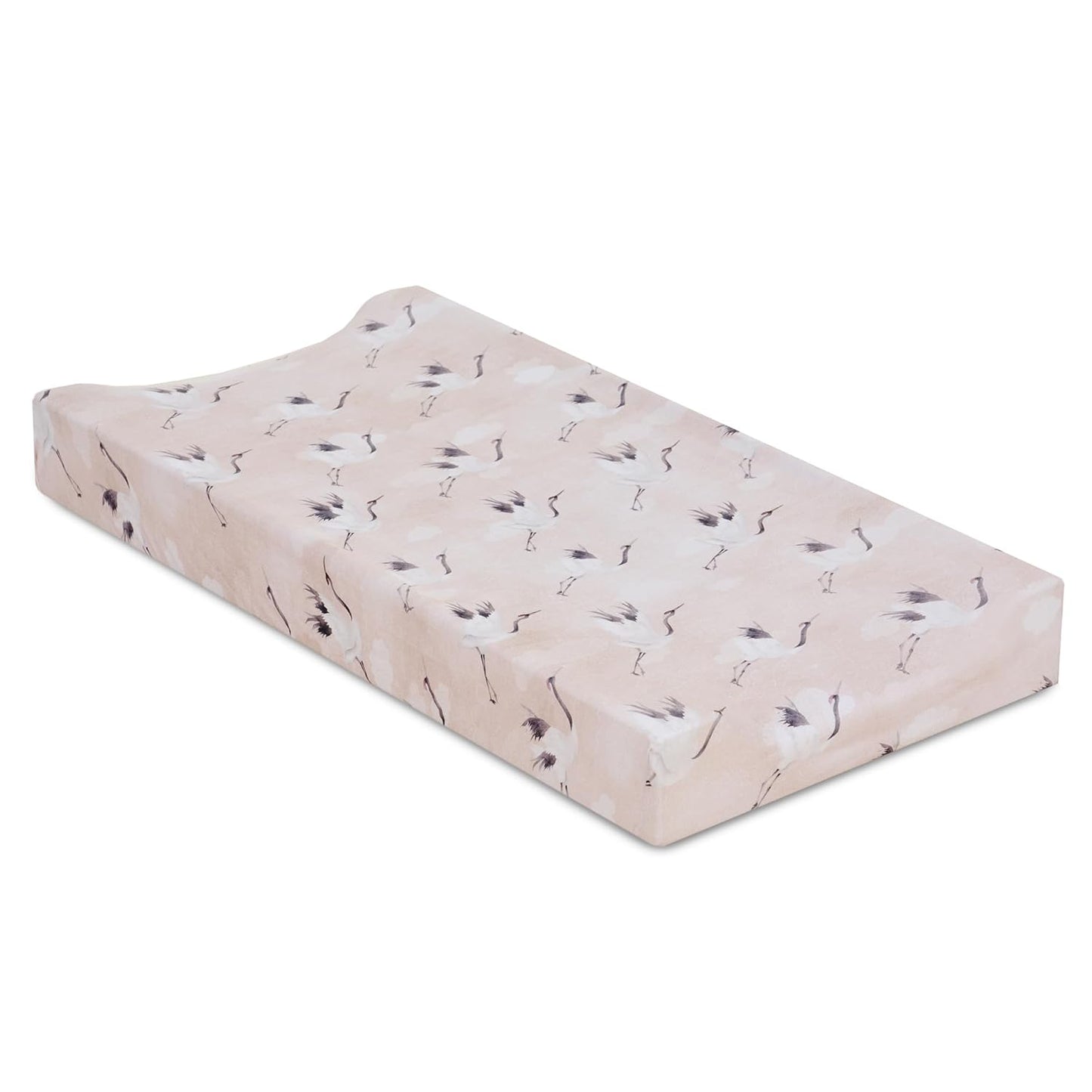 Oilo Changing Pad Cover, Breathable 100% Turkish Cotton Fitted Jersey, 300 Thread Count, Machine Washable, Fits Standard Changing Pads (32" x 16"), Girl, Boy, & Neutral Nursery Design, Pink Crane