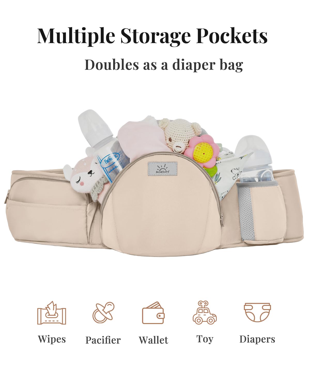 MOMTORY StowNGO Pro Baby Carrier, Safety-Certified 6-in-1 Baby Carrier Newborn to Toddler, Detachable Baby Holder Carrier with Hip Seat, Ergonomic Cozy Baby Body Carrier for 7-50lbs, Khaki
