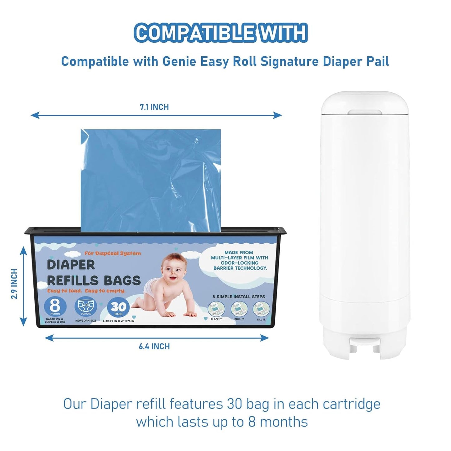 Diaper Pail Refills Bags with 30 Bags Compatible with Genie Easy Roll Signature Diaper Pails and Platinum Diaper Pails, Lasts Up to 8 Months, 7-Layer Odor-Barrier Technology, 2 Packs (60 Bags)