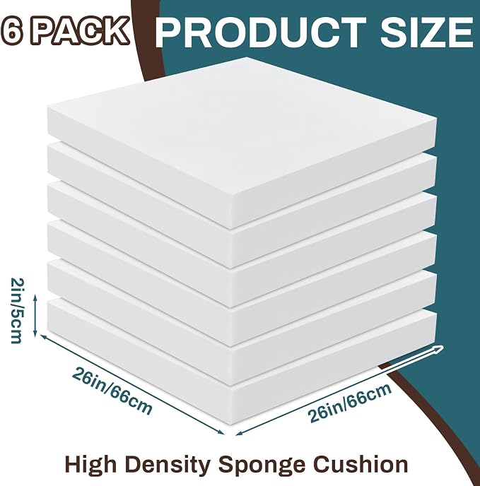 Frienda 6 Pack 2" X 26" X 26" Upholstery High Density Foam Cushion White