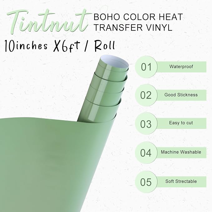 Tintnut Sage Green Heat Transfer Vinyl, 10inx6ft Iron on Vinyl | Neutral boho