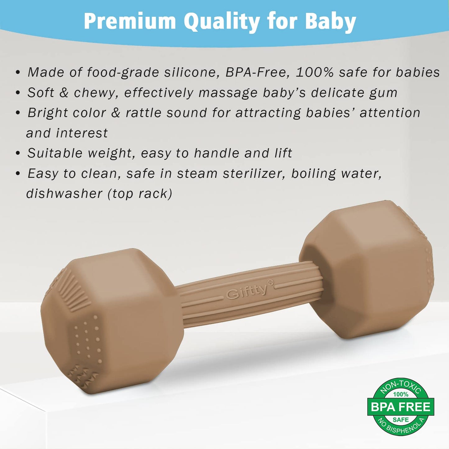 Giftty Baby Dumbbell Toy - Silicone Infant Rattle Teething Toy Teether Toddler Sensory Toy Durable Safe Exercises Workout Weight - Great Gift for Girls and Boys (1pcs - Sandy Brown)