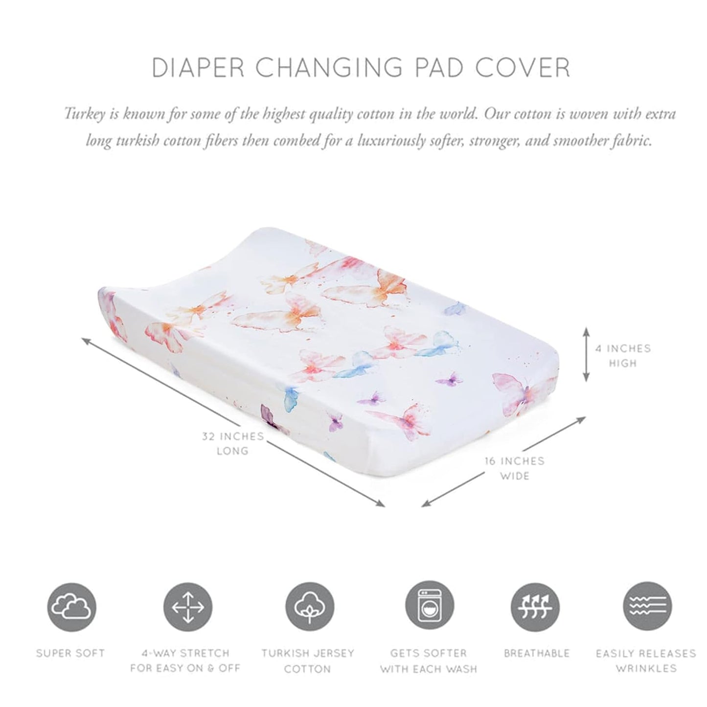 Oilo Changing Pad Cover, Breathable 100% Turkish Cotton Fitted Jersey, 300 Thread Count, Machine Washable, Fits Standard Changing Pads (32" x 16"), Girl, Boy, & Neutral Nursery Design, Butterfly