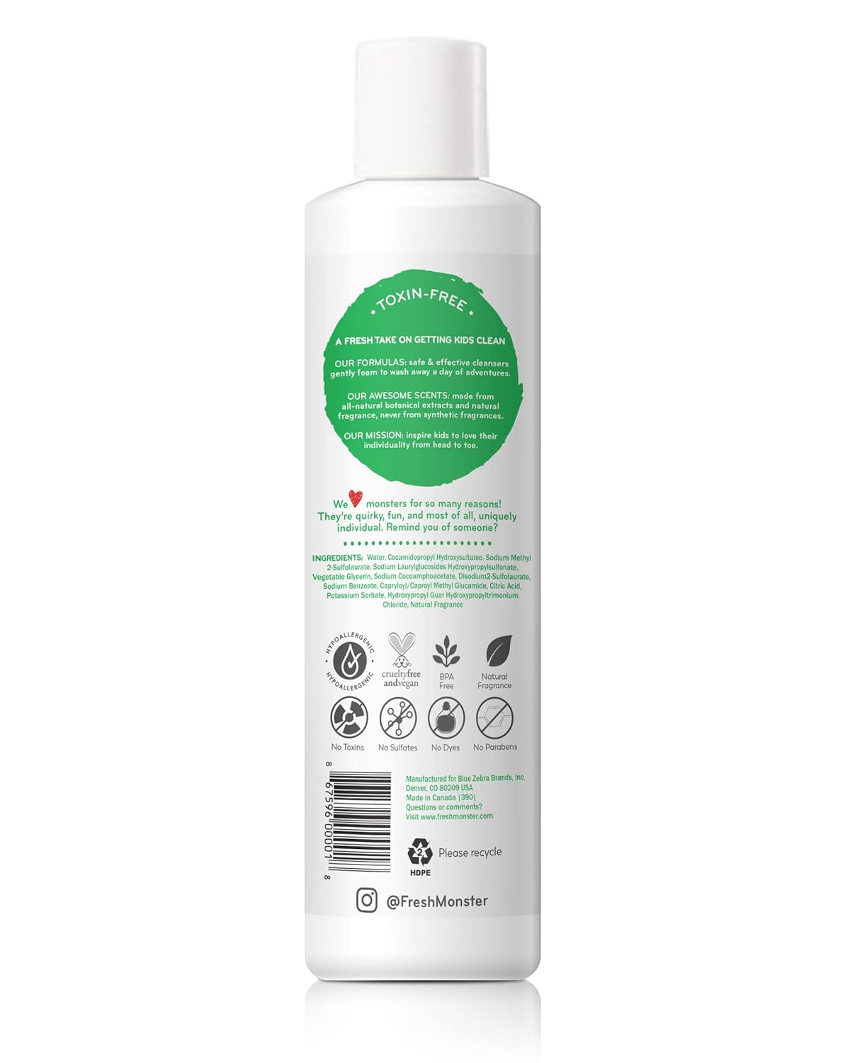 Fresh Monster 2-in-1 Kids Shampoo & Conditioner, Toxin-Free, Hypoallergenic, Tear-free Shampoo & Conditioner for Kids, Coconut (8.5oz)