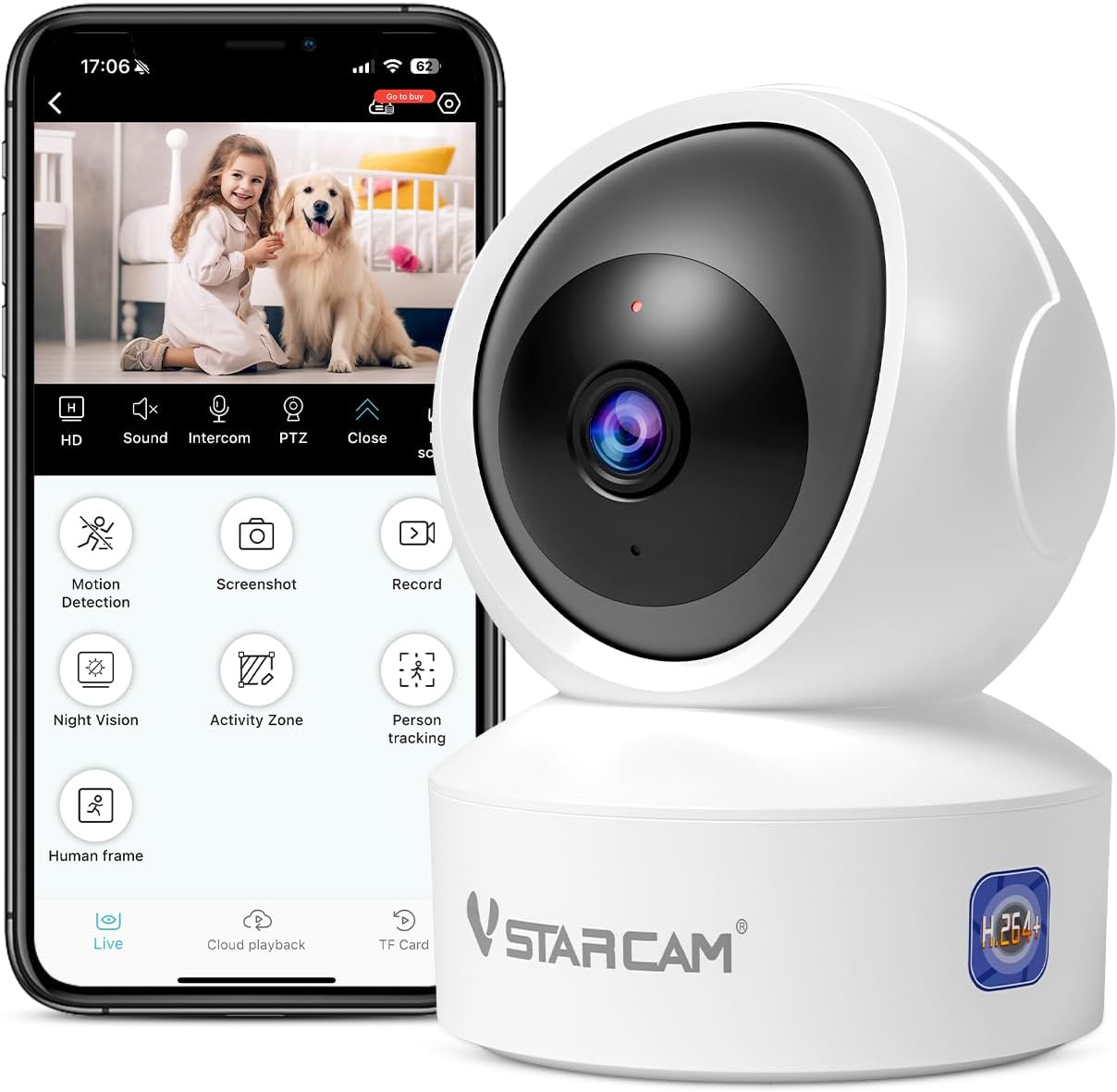 VSTARCAM 3MP Pet Camera Indoor with Phone App, 360° Indoor Security Camera with Color Night Vision, Motion Detection & 2-Way Audio, 24/7 SD & Cloud Storage，2.4GHz WiFi, in Plug