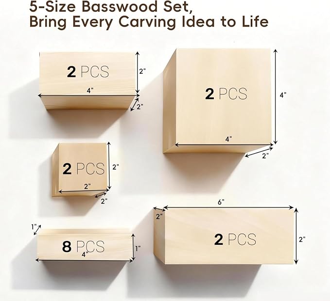 Basswood Carving Blocks: 16 Pieces in 5 Sizes
