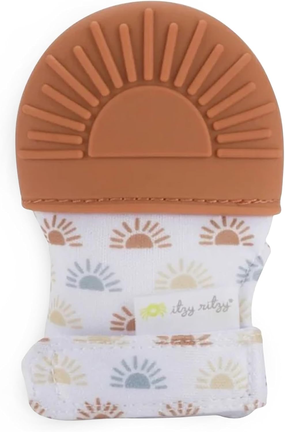 Itzy Ritzy Silicone Teething Mitt - Soothing Infant Teething Mitten with Adjustable Strap, Crinkle Sound & Textured Silicone to Soothe Sore & Swollen Gums - for Ages 3 Months & Up (Terracotta Sun)