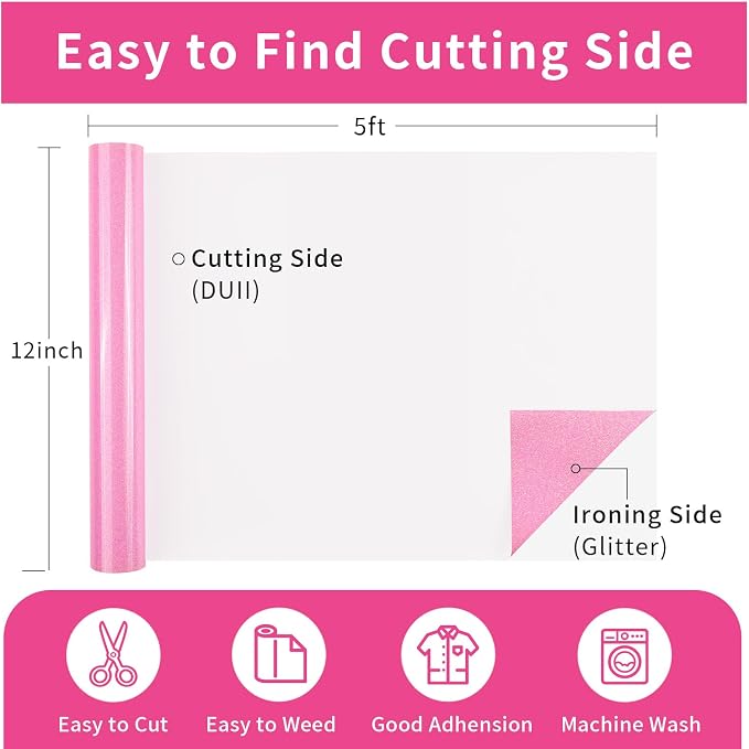 Glitter Puff Vinyl Heat Transfer, Neon Pink Puff HTV Iron on Vinyl 12" x5ft |