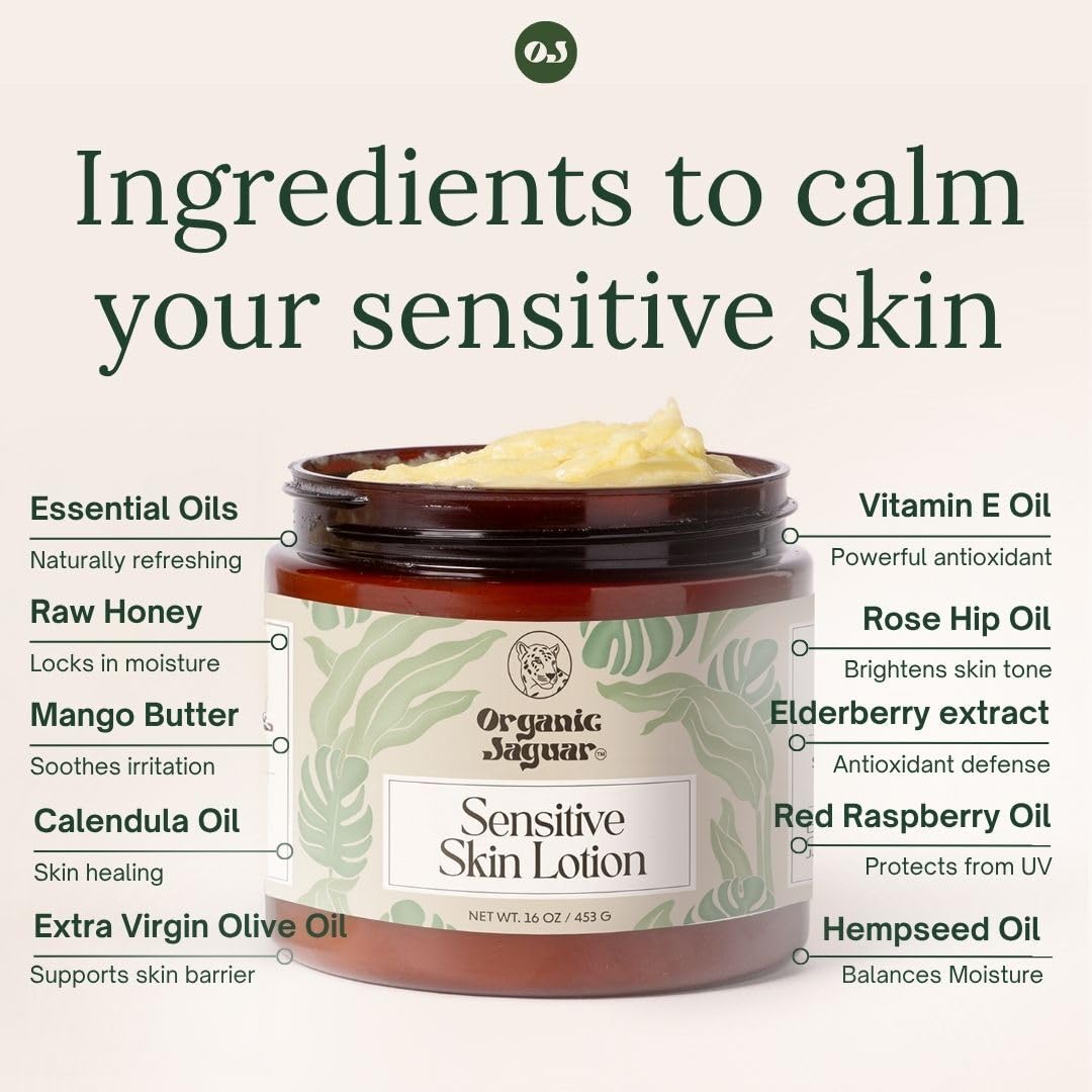 Organic Jaguar Natural Body Lotion for Sensitive Skin, Scent Free, Sulfate & Paraben Free Body Care, Moisturizer With Essential Oils, Vitamin E Oil, Beeswax, Extra Virgin Olive Oil, Raw Honey, 8 oz