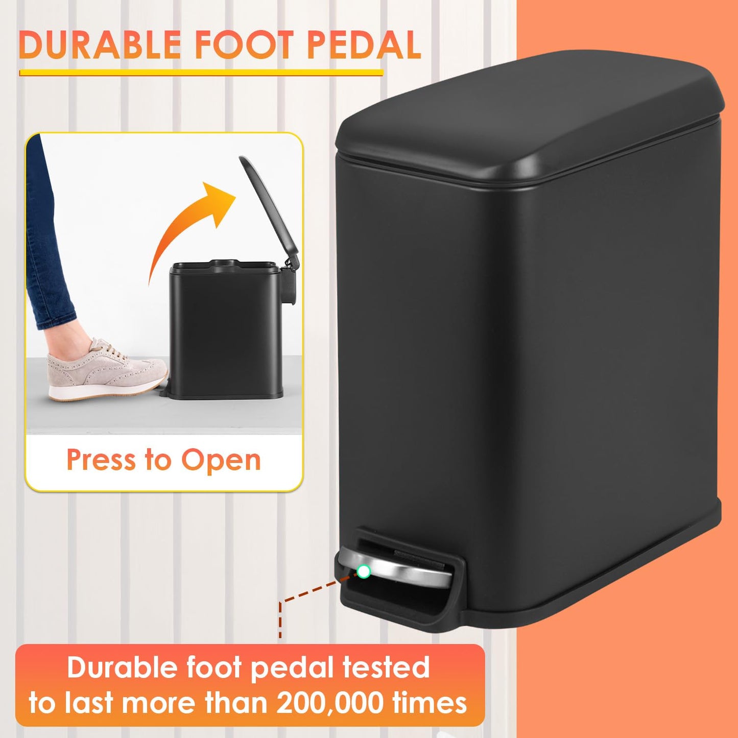 PayLessHere Slim Trash Can, 1.3 Gallon Bathroom Trash Can with Lid, Small Black Stainless Steel Waste Bin with Removable Inner Bucket for Home, Office, Restroom (5Liter)