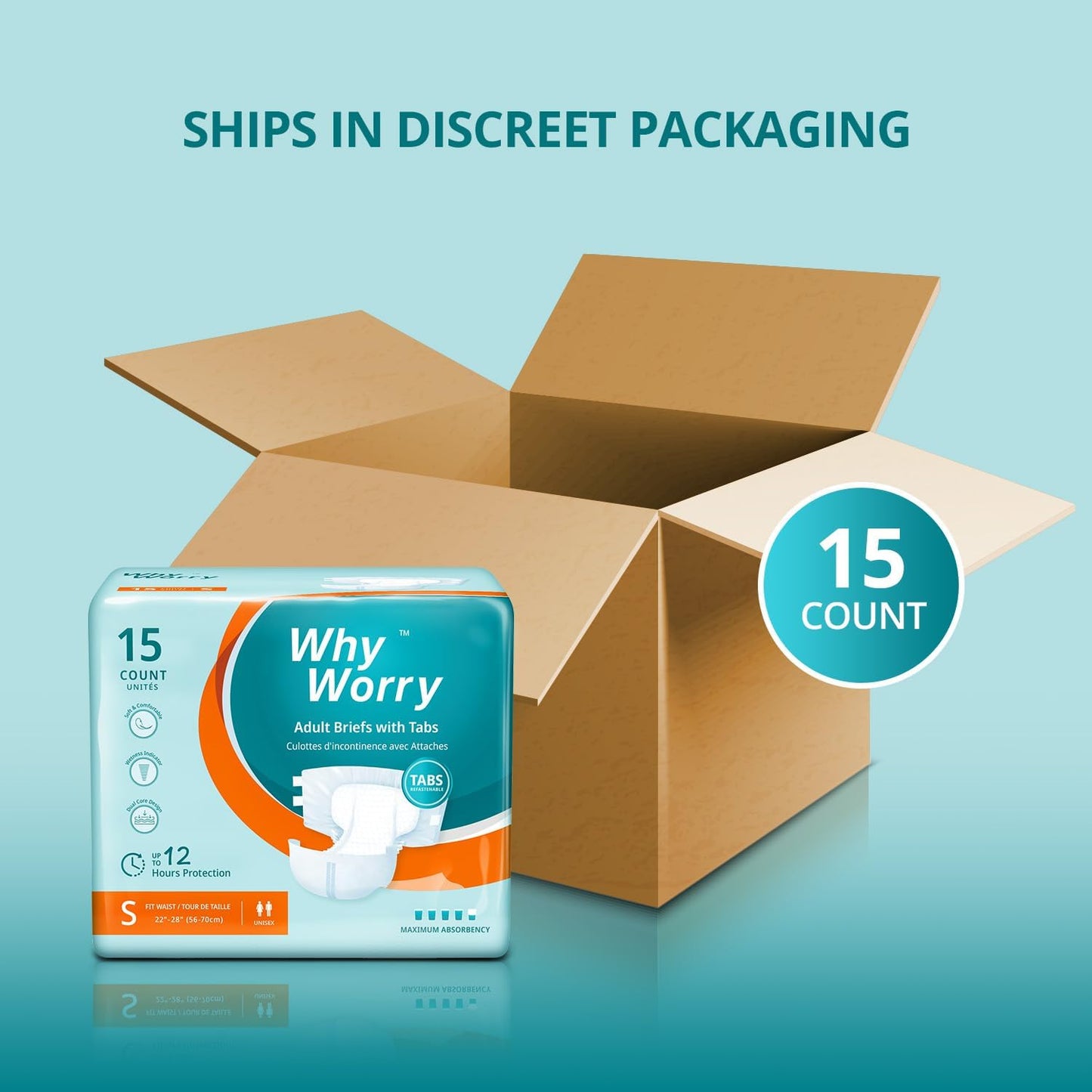 WhyWorry Adult Diapers with Tabs, Disposable Incontinence Briefs for Women & Men with Maximum Absorbency, Adult Briefs for Incontinence Overnight, Odor Control, Unisex, Small, 15 Count