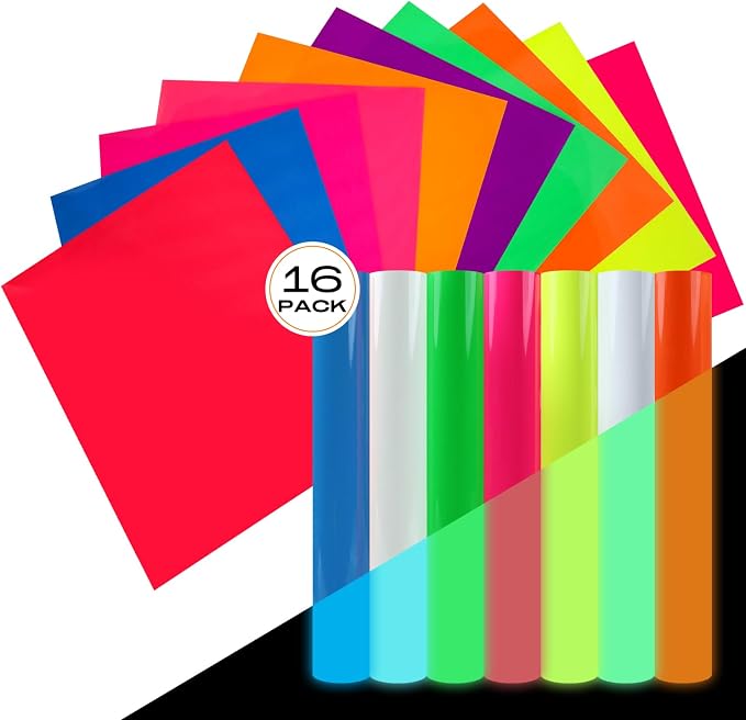 FUNKAKA Glow in The Dark & Fluorescence Heat Transfer Vinyl Bundle, 16 Pack 12"