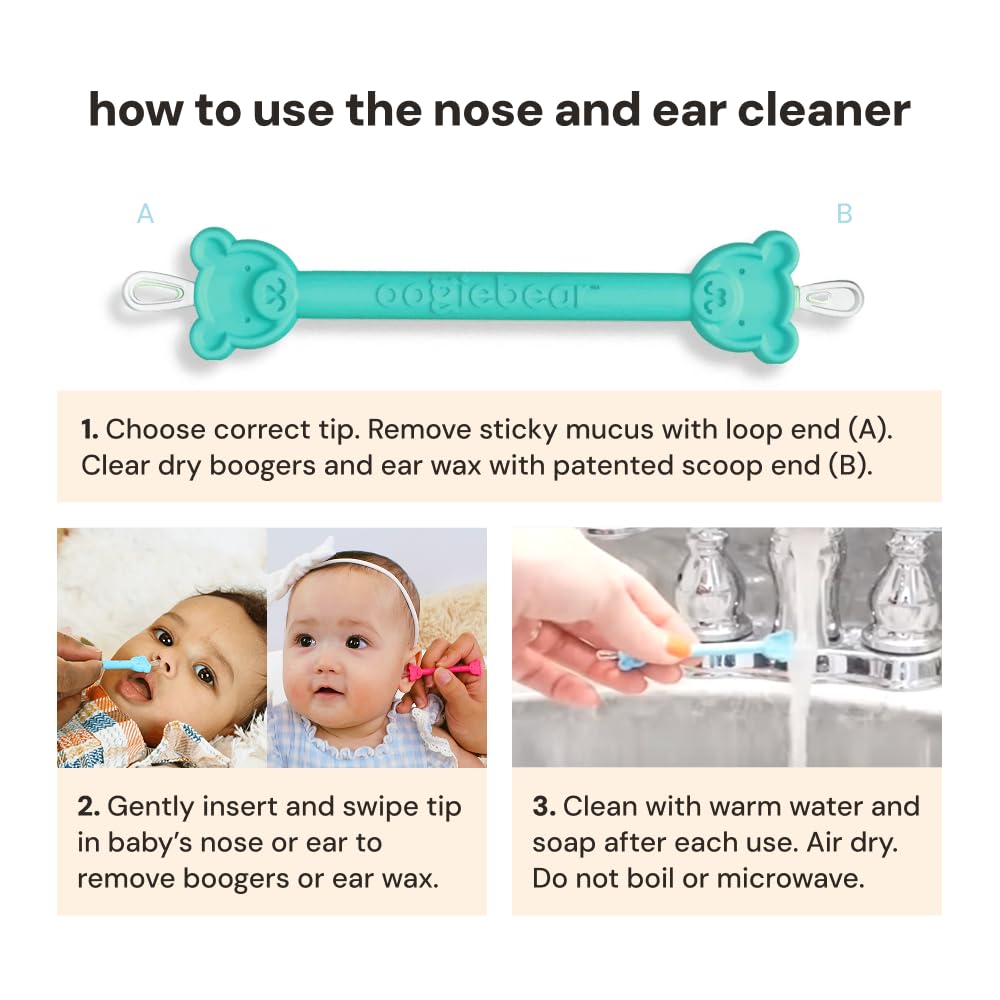 oogiebear: Baby Nose Cleaner & Ear Wax Removal Tool - Safe Booger & Earwax Removal for Newborns, Infants, Toddlers - Dual-Ended - Essential Baby Stuff, Diaper Bag Must-Have - 4 Pack with a Pouch