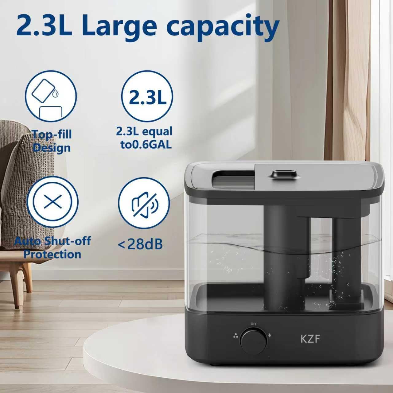 KZF 2.3L Top-Fill Cool Mist Humidifier – Whisper-Quiet, Up to 30 Hrs Runtime, Auto Shut-Off, Ideal for Bedroom, Baby Nursery & Plants