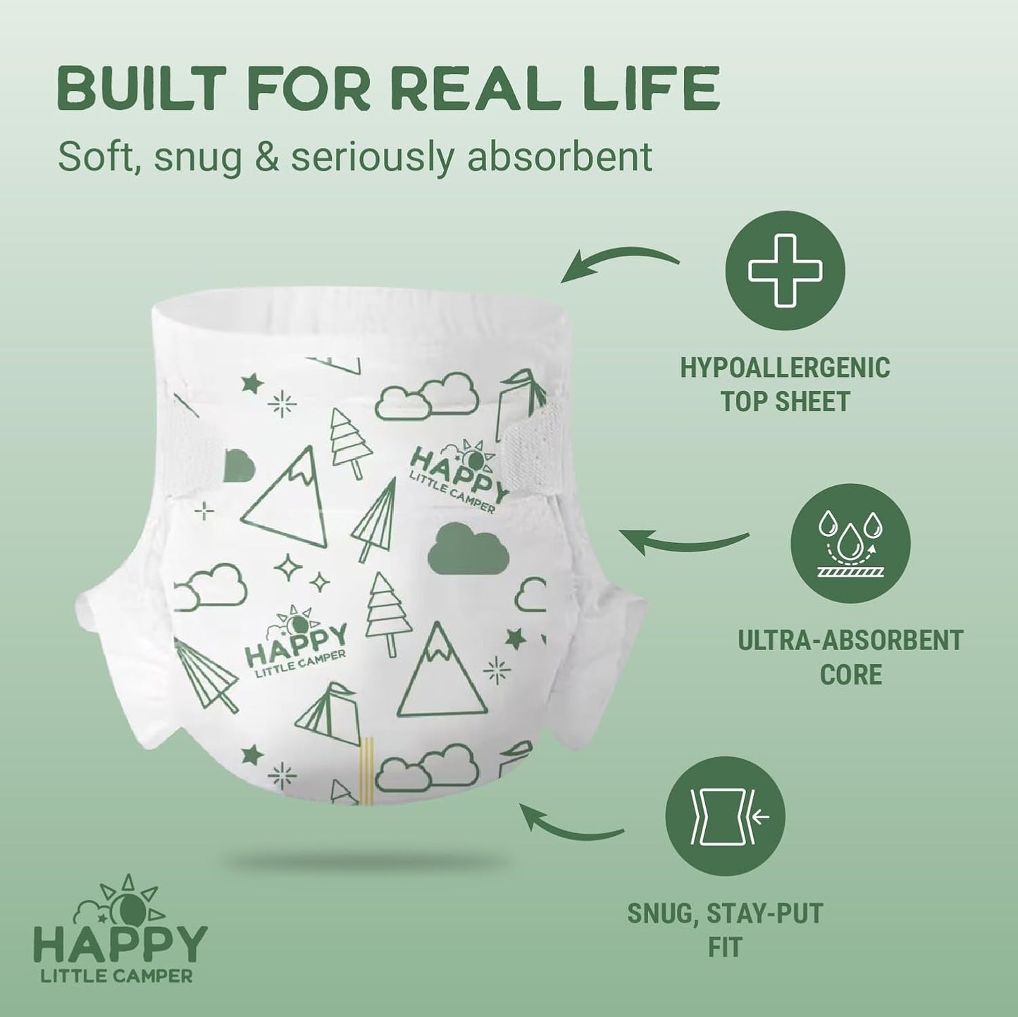 Happy Little Camper Super Saver Diapers, Size 6, 25 Count | Budget-Friendly Disposable Baby Diapers for Sensitive Skin | Hypoallergenic, Fragrance-Free, Ultra Absorbent