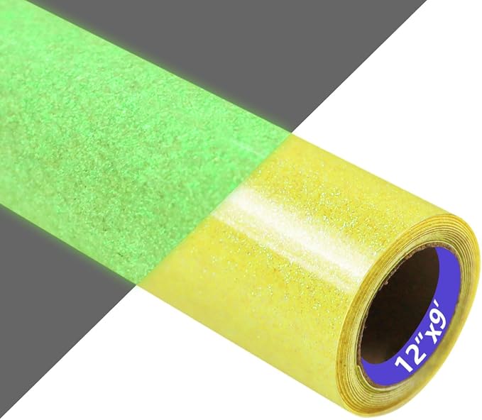HTVVETUR Glitter Yellow Heat Transfer Vinyl, Glow in The Dark HTV Vinyl Roll